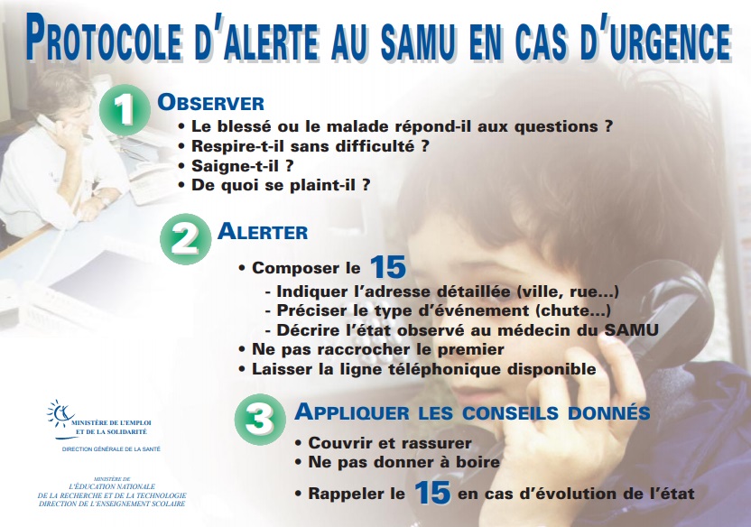 Protocole d'alerte au SAMU en cas d'urgence